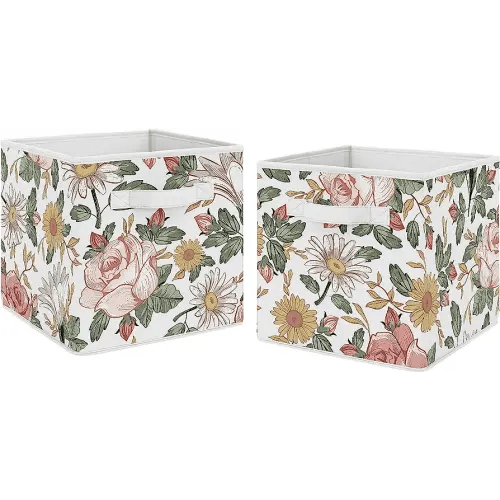 Sweet Jojo Designs Vintage Floral Boho Foldable Fabric Storage Cube Bins Boxes Organizer Toys Kids Baby Childrens - Set of 2 - Blush Pink, Yellow, Green and White Shabby Chic Rose Flower Farmhouse