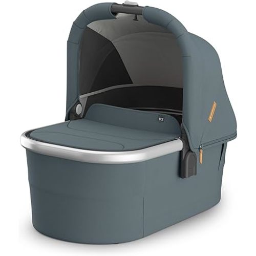UPPAbaby Bassinet V3 - Compatible with Vista, Cruz, Ridge, Minu Strollers - Overnight Sleep Solution - Mattress, Sheet and Bug Shield Included - Callum (Stone Blue/Silver Frame)