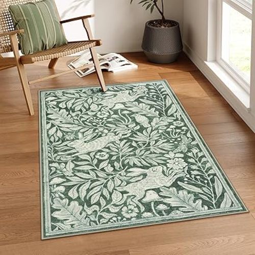 Lahome Nadine Rabbit Entryway Rug 3x5, Soft Animal Washable Area Rug for Bedroom Nursery, Vintage Forest Woodland Print Sage Green Door Mat, Non Slip Stain Resistant Bunny Throw Carpet for Bathroom