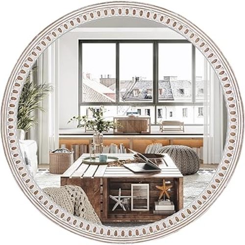 24 inches Decorative Mirror Wood Round Mirrors with Bead, Farmhouse Wall Mirror for Living Room Rustic Entryway Mirror Distressed Circle Bathroom Mirrors Over Sink Hanging Mirror