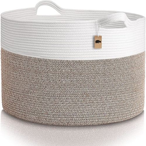 Little Hippo XXXL Large Cotton Rope Basket (22"x14") 100% Natural Cotton! Rope Basket, Woven Storage Basket, Large Basket, Blanket Basket Living Room, Toy Basket, Pillow Basket (White & Brown)