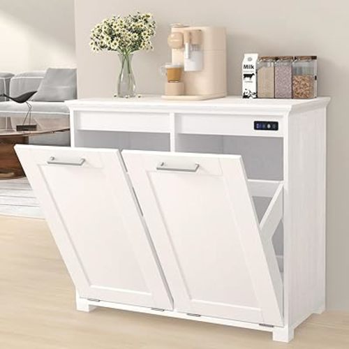 Tilt Out Trash Can Cabinet, Wooden Trash Cabinet with Deodorising Function, 20 Gallons Freestanding Dog-Proof Garbage Bin Cabinet for Home, Laundry Room, Kitchen and Living Room, White Finish