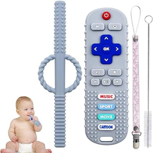 Remote Control Shape Soft Silicone Baby Teething Chew Toy for Babies 6-18 Months,BPA Free(Gray)
