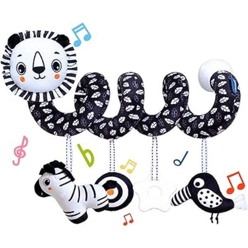 TSYAN Car Seat Toys for Babies 0-6 Months,Hanging Rattle Toys for Crib Mobile, Baby Spiral Hanging Stroller Black and White High Contrast Toys for Newborn 0 3 6 9 12 Months Baby Boys Girls (Lion)