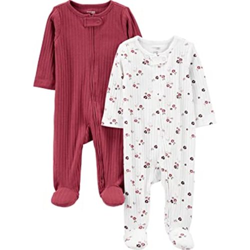 Simple Joys by Carter's Unisex Babies' 2-Way Zip Textured Sleep and Play, Pack of 2, Light Burgundy/Pink Floral, Newborn