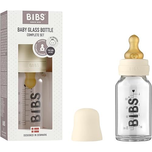 BIBS Baby Glass Bottle Complete Set 110 ml | BPA Free Natural Rubber | Made in Denmark | Ivory