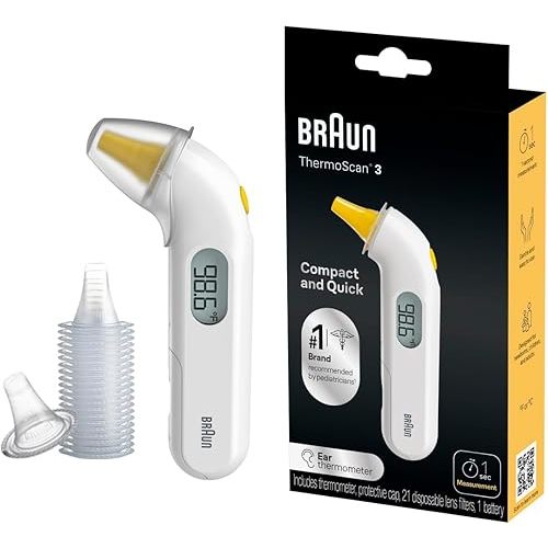 Braun ThermoScan 3 Ear Thermometer, Fast 1 Second Measurement, Audio Fever Indicator, Digital Display, Baby and Infant Friendly, No. 1 Brand Recommended by Pediatricians