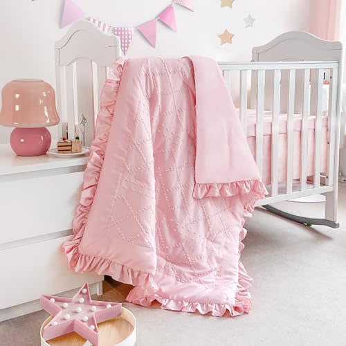Wowelife Boho Mini Crib Bedding Set for Girls, 3 Piece Tufted Jacquard Ruffle Fringe Baby Girl Crib Bedding Set Newborn, Infant & Nursery with Comforter, Crib Fitted Sheet and Crib Skirt, Pink