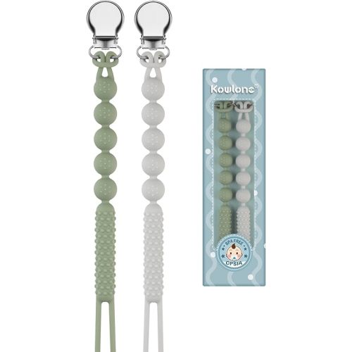 Pacifier Clip for Boys Girls Silicone Binky Clips Chain Leash Holder Straps Soft Flexible with Texture Baby Shower Birthday Christmas(Moss Green,Glacier Grey)