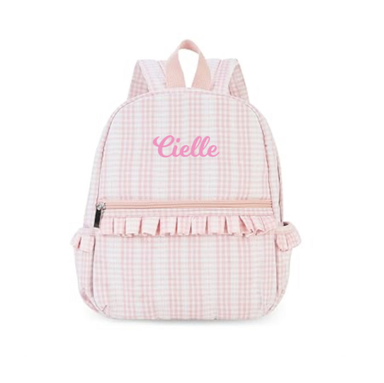Ruffle Daycare Backpack Personalized Peach Gingham Backpack with Embroidered Name - 12inch Little Dancer Daypack with Lace - Small Daycare Bag for Travel Birthday Xmas Gifts
