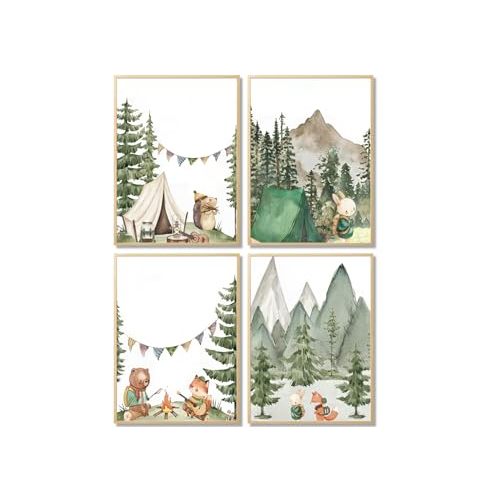 Kousne Woodland Adventure Nursery Canvas Wall Art Set of 4 Camping Animal Prints BearFox Rabbit Hiking PostersForest Mountain Themed Kids Room PictureNature Exploration Wall Decor Frameless 8x10In 