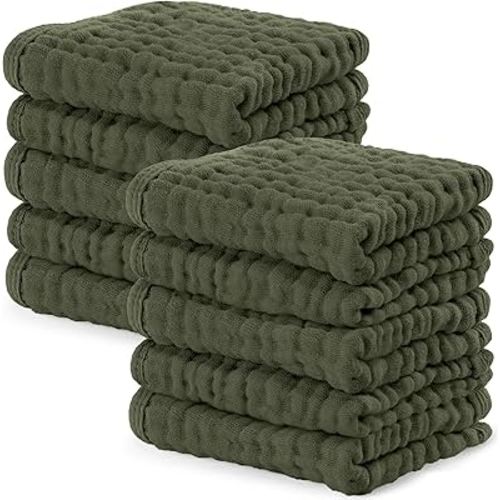 Comfy Cubs Muslin Baby Washcloths 10 Pack - Soft 6-Layer Cotton Wash Cloths for Sensitive Skin - 10"x10" Large, Gentle, Absorbent Infant Essentials for Newborn and Toddlers - Kelp