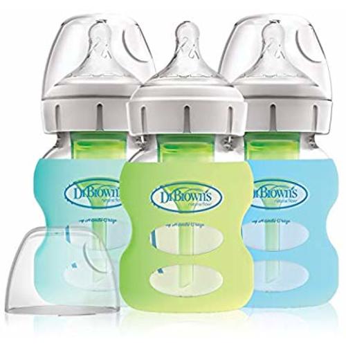 Dr. Brown's Options+ Wide-Neck Glass Baby Bottles in Silicone Sleeve, Mint/Green/Blue, 5 Ounce, 3 Count