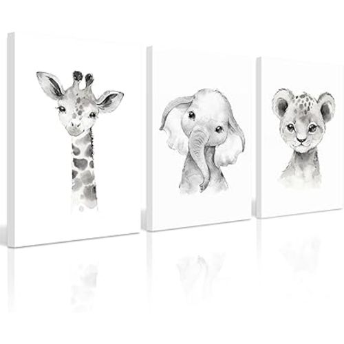 Safari Nursery Wall Art Decor Baby Animal Canvas Wall Art Baby Room Nursery Pictures Kids Artwork Safari Jungle Animal Prints Giraffe Elephant Tiger Painting for Bedroom 12x16x3 Inch Wrapped Canvas