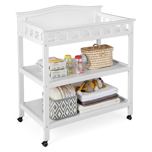 Costzon Baby Changing Table, Infant Diaper Changing Station w/Waterproof Changing Pad, Safety Strap, Storage Shelves, Mobile Nursery Organizer for Newborn, Portable Changing Table with Wheels (White) - Shape 2