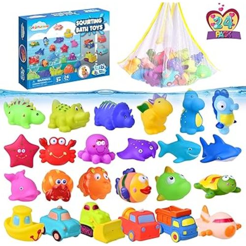 FUN LITTLE TOYS 24 Pcs Bath Toys for Toddlers, Sea Animals & Cars Squirter Bath Toys, No Mold Bathtub Toys with Storage Bag , Baby Bath Toys for Pool, Toddler Bath Toys for Kids Party Favors Age1-3