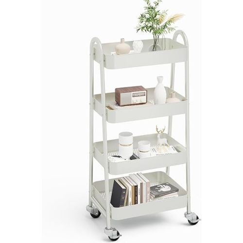OLIXIS 4 Tier Utility Rolling Cart, Metal Mobile Storage Shelf with Lockable Caster Wheels, Organization for Livingroom, Bathroom & Narrow Places, 4-Tier White
