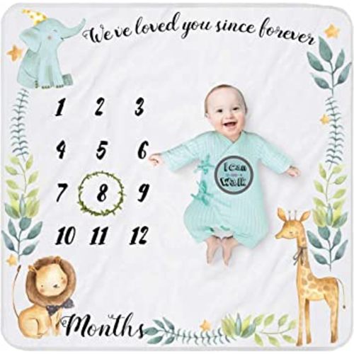 Yoothy Safari Baby Monthly Milestone Blanket for Boy and Girl, Gift for Baby Shower, Baby Photo Blanket for Pictures, Wreath &12 Stickers Included, Soft Flannel Blanket, Elephant, Lion 40''x 40''