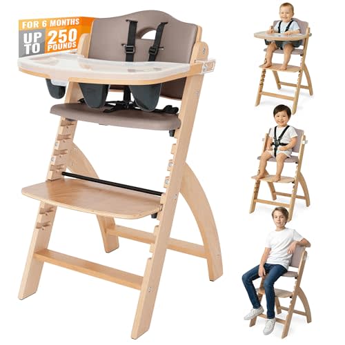 Abiie Beyond Junior Wooden High Chair for Babies and Toddlers - Convertible 3-in-1 Baby Highchair with Removable Tray - 6 Months to 250 Lb - Water Resistant - Natural Wood with Soft Mocha Cushion