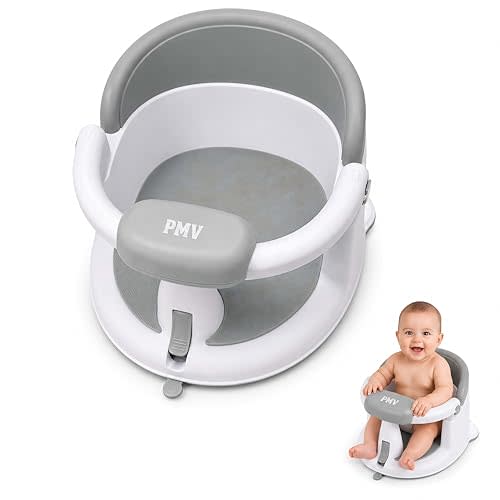 PMV Baby Bath Seat for Sitting Babies, Non-Slip Baby Bath Chair with 3 Suction Cups, Safe & Comfortable Toddler Bath Support Seat for Bath/Shower Use, Stable Design, Gray (6–24 Months) (Gray)