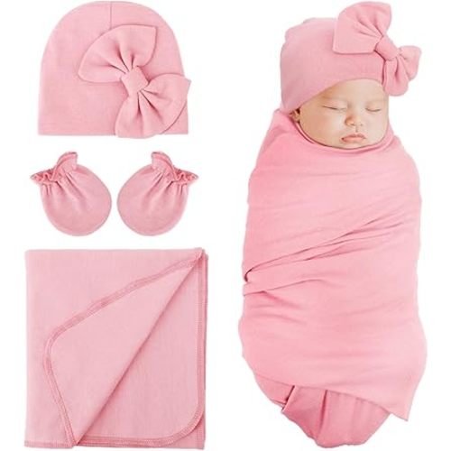 DRESHOW BQUBO Newborn Receiving Blanket Bow Hat Gloves Set Cotton Warm Baby Swaddle Blanket Wrap Baby Sleep Sack Shower Gift