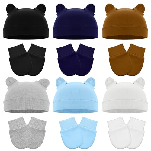 12 Pieces Baby Boy Hat and Mitten Set No Scratch Hats and Mittens 0-6 Months Baby Boys Girls Cotton Hats and Mittens for Toddlers, Infant, Newborn Colorful