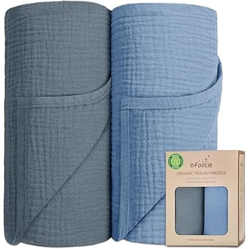 Organic Cotton Baby Muslin Blanket - Breathable, Large 47x47 inches for Baby Swaddle Blanket Hypoallergenic Muslin Baby Blankets, Versatile, Double Layer (Slate/Aquarius)