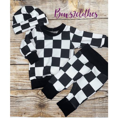 Checkered Baby Boy Outfit/ Crewneck Shirt/ Pants (joggers)/ Hat (beanie)