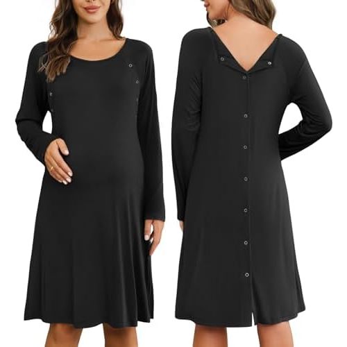 Ekouaer Women Maternity Nightgown Labor Delivery Nursing Gown Hospital Breastfeeding Dress Button Down Long Sleeve Sleepwear