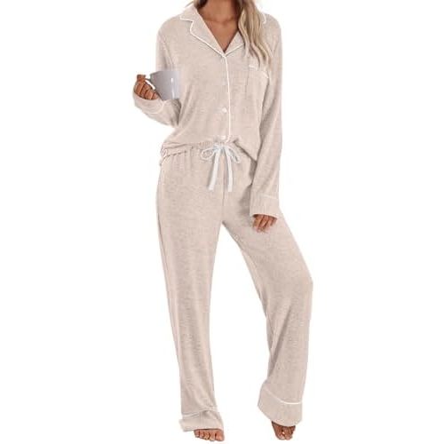 LILLUSORY Women's Long Sleeve Pajama Set - Soft Button-Down Top & Comfortable Drawstring Pants with Pockets