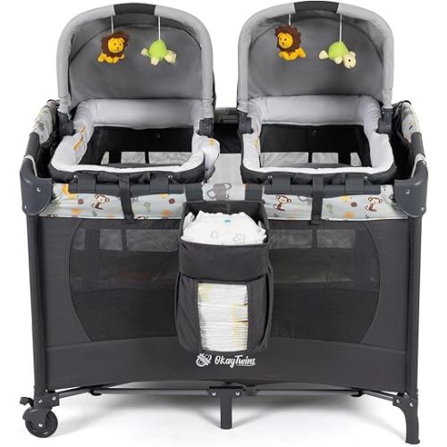 Twin Bassinet & Full-Size Infant Bassinet & Playard for Baby, Includes 2 Removable Rock-A-Bye Portable Bassinets with Storage Bags, Light Gray