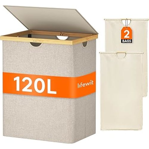 Lifewit 120L Double Laundry Hamper with Lid, Extra Large Bamboo Laundry Basket Dirty Clothes Hamper, 2 Section Laundry Bin Organizer for Laundry Room Bedroom with 2 Removable Liners & Bags, Beige