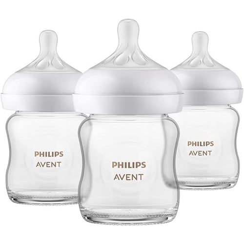 Philips Avent Glass Natural Baby Bottle With Natural Response Nipple, 4oz, 3 pack, SCY910/03, Clear