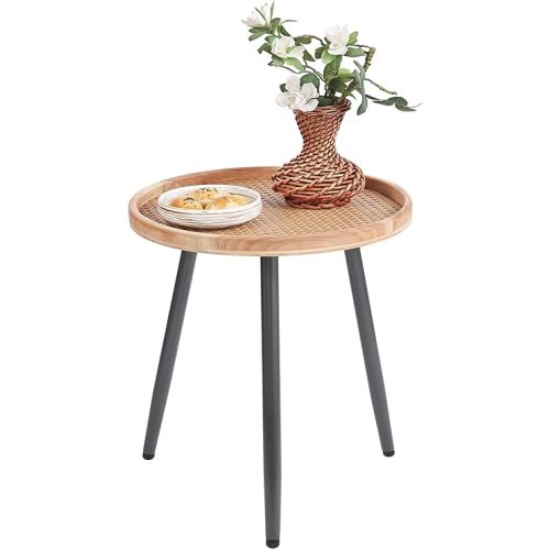 Tiita Rattan Round End Table Mental Side Table Nightstand/Small Wood Tables Accent Coffee Table with Wooden Tray for Living Room Bedroom Office Small Space