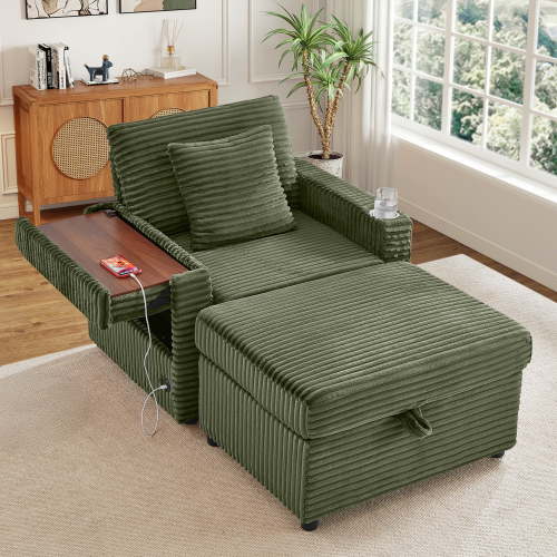 Muumblus Accent Chair with Storage Ottoman & Side Table, Cozy Lounge Chair with USB, Modern Single Sofa Armchair for Living Room, Green Corduroy