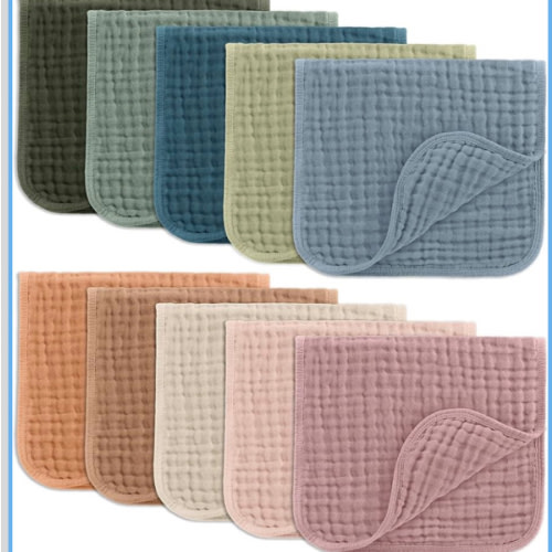 Comfy Cubs Muslin Burp Cloths 20" x 10", Pack of 10 - Large, 6-Layer, Ultra Absorbent 100% Cotton for Baby Drool and Messes - Soft, Safe & Gentle Baby Burp Cloths for Boys & Girls - Multi