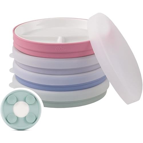 Elk and Friends Kids 7.8” Porcelain White Divided Plates with Silicone Suction Sleeves + Lids | Suitable for Babies/Toddlers | Microwave & Dishwasher Safe | Stay Put Dinnerware | Snack Dishes | 4 Pack