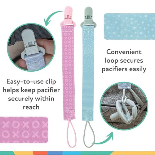 Nuby Pacifinder Baby Pacifier Clip - (2-Pack) - Pacifier Holder Clip with Convenient Hook Loop - Green Dots and Pink XOs