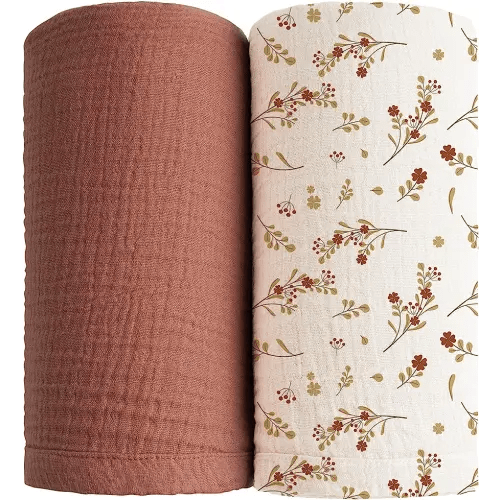 Konssy 2 Pack Muslin Swaddle Blankets for Baby Boys Girls, Receiving Blanket Large 47 x 47 inches, Soft Breathable Muslin Baby Blanket for Unisex Newborn(Chestnut, Floral)