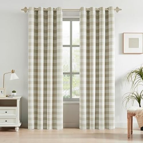 Buffalo Check 90% Blackout Curtains for Bedroom/Living Room Plaid Gingham Checkered Farmhouse Drapes with Grommet Top, Energy Efficient Thermal Room Darkening 2 Panels, 52x84 Inch, Beige/White