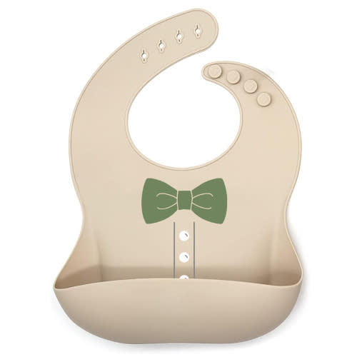 A custom sage green bowtie bib made by Aunt Maj