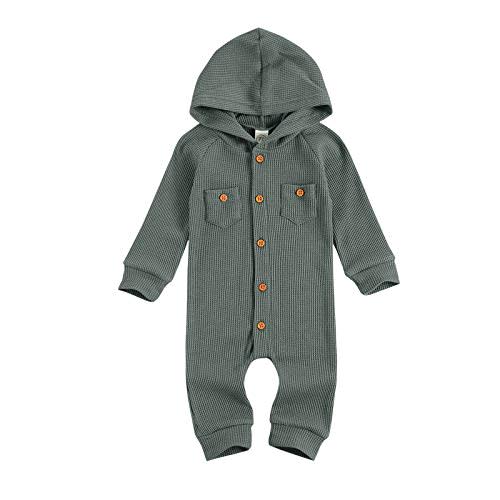 Ynibbim Winter Newborn Baby Boy Girl Solid Romper Unisex Infants Hooded Outfit Clothes Waffle Cotton Button Jumpsuits