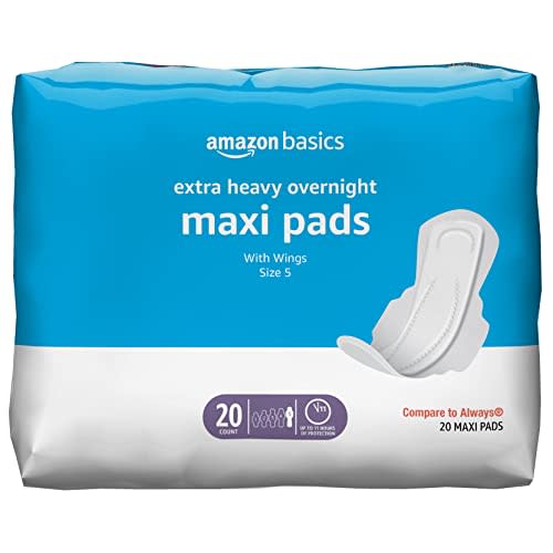 Amazon Basics Thick Maxi Pads with Wings for Periods - Extra Heavy Overnight Absorbency, Unscented, Size 5, 20 Count (Previously Solimo)