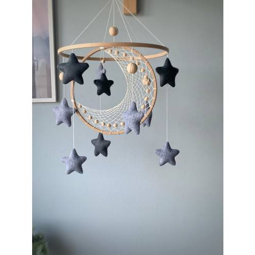 Moon and star crib mobile, Macrame baby mobile, Nuetral baby mobile, space baby mobile, Star mobile, Handing Mobile Felt, Mobile nursery