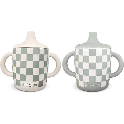 Silicone Sippy Cups with Easy Grip Transition Handles and a Soft Spout. A Non Txoic No Spill Unbreakable Training Cup. 150ml/5oz |2-PACK Sandy Shore & Green Checkers|