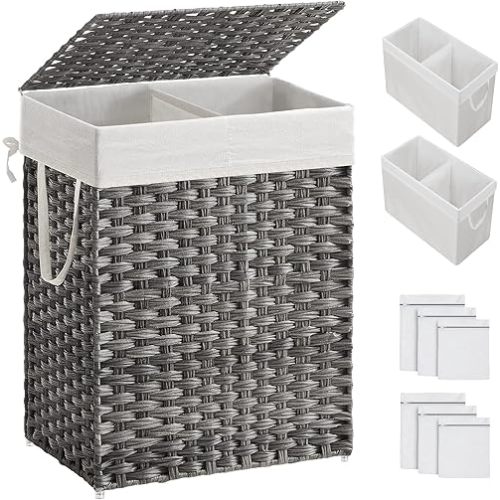 SONGMICS Laundry Hamper with Lid, 90L Clothes Hamper with 2 Removable Liner Bags, 6 Mesh Bags, Wicker Laundry Basket, Double Laundry Hamper for Bathroom, 13 x 18.1 x 23.6 Inches, Gray ULCB251G01V1