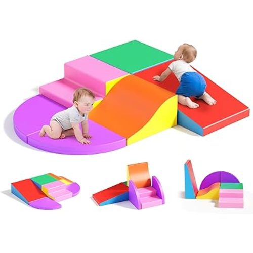 Lischwert Foam Climbing Blocks for Toddlers, Baby Climbing Blocks Soft Play Climbing for Toddlers with Foldable Block and Tunnel Indoor Climbing Toys for Toddler 1-3, 6 Pieces