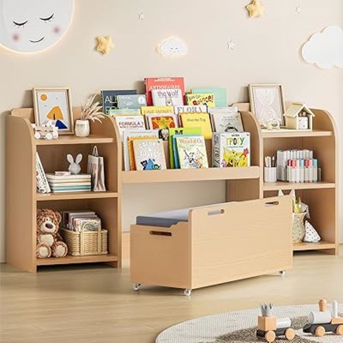 ONBRILL Kids Bookshelf with Reading Nook, 64.5" Toy Storage Organizer with Movable Bench with 3 Storage, Kids Bookcase with 3-Tier Bookshelf, 6 Storages Cubbies, Toy Box & Chest for Bedroom, Playroom