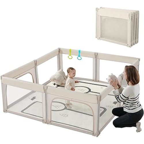 Doradotey Baby Playpen, Shape Adjustable Large & Small Baby Playard for Babies and Toddlers, Foldable Playpen Baby Fence Indoors Play Center Yards, Breathable Mesh Anti-Fall Play Pens(71x79 Khaki)