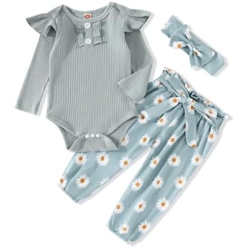 Kislio Newborn Baby Girls Clothes Ribbed Ruffled Romper+Floral Pants+Headband Infant Outfit Set